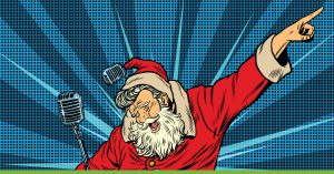 Santa at the mic with a disco finger out. Pop art vibe.