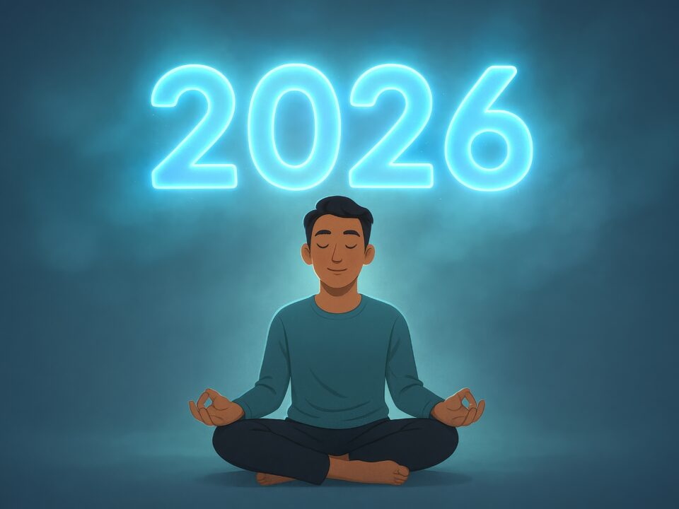Calm illustration of a man meditating under glowing 2026—mindfulness, goals, and fresh start theme for new year designs.