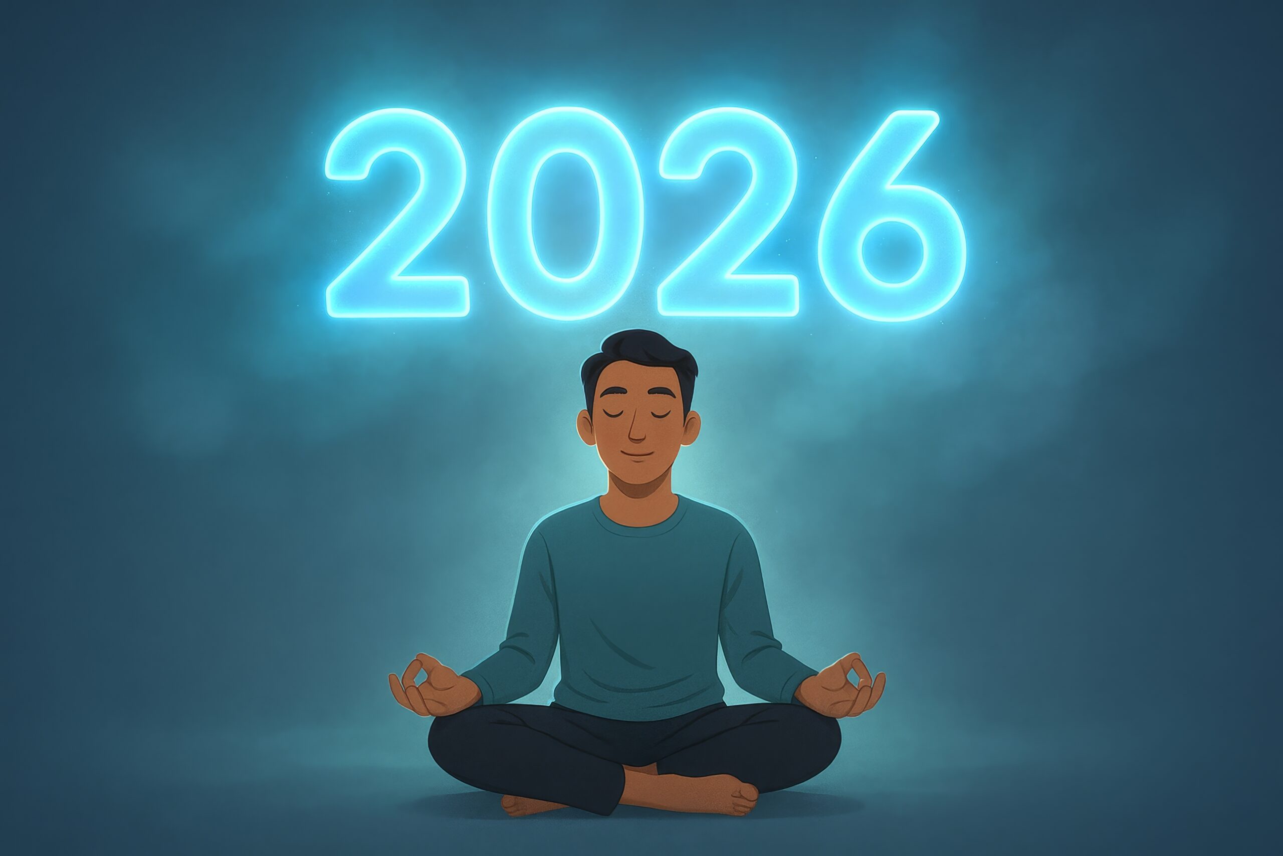 Calm illustration of a man meditating under glowing 2026—mindfulness, goals, and fresh start theme for new year designs.