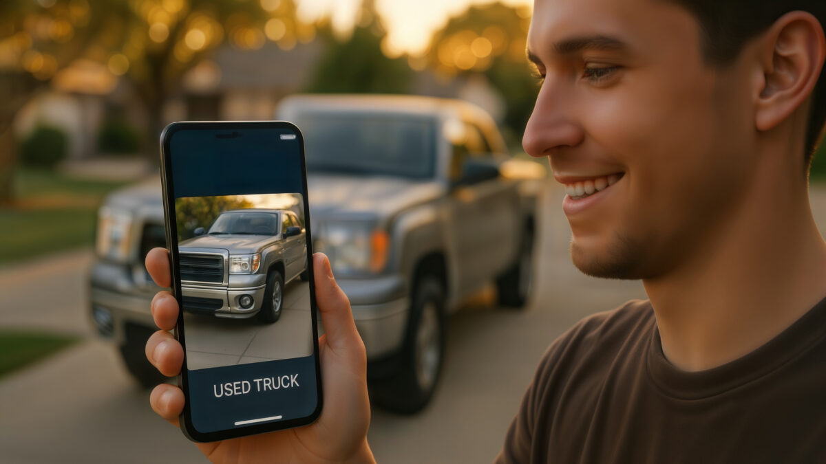 A smiling person holds a smartphone displaying a "used truck" image. Behind them, the same truck is parked on a sunlit suburban street.