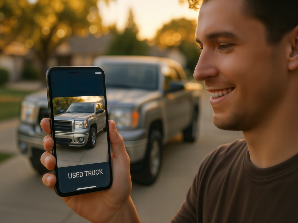 A smiling person holds a smartphone displaying a "used truck" image. Behind them, the same truck is parked on a sunlit suburban street.
