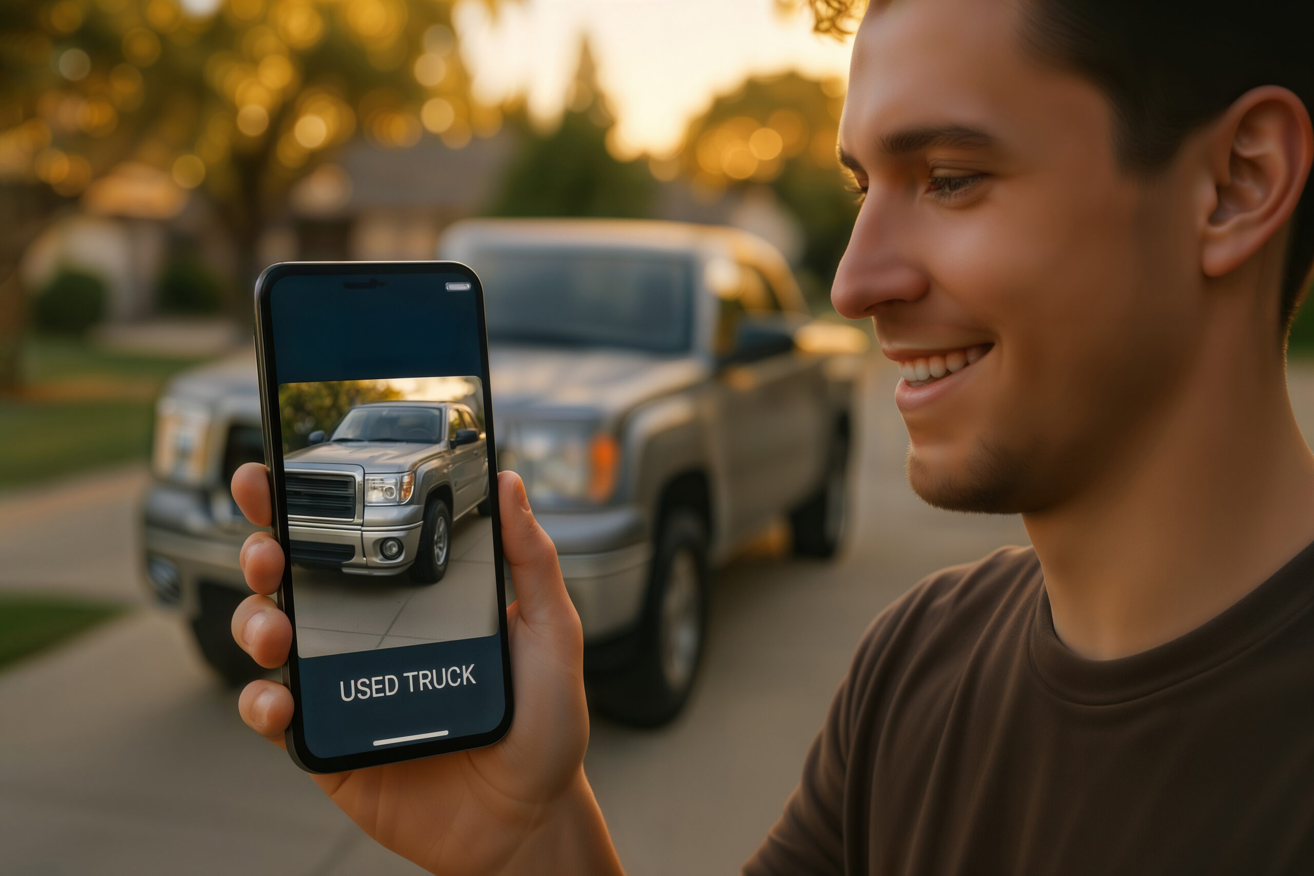 A smiling person holds a smartphone displaying a "used truck" image. Behind them, the same truck is parked on a sunlit suburban street.