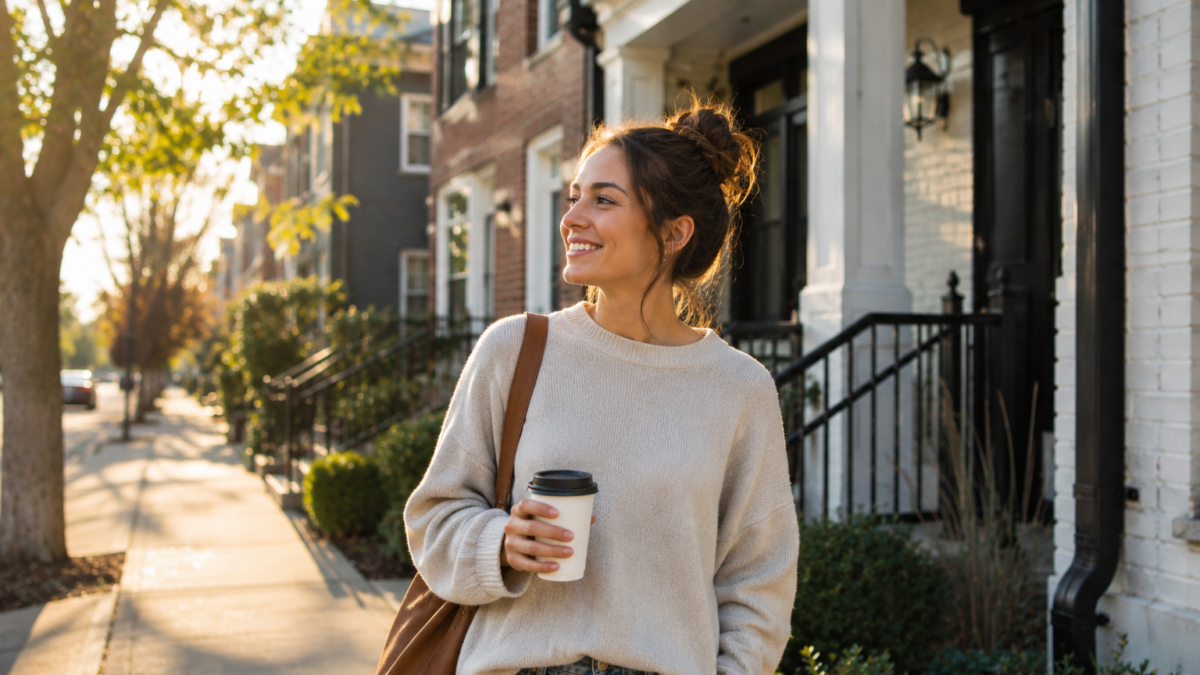 Woman in a cozy sweater holds a coffee cup, smiling as she walks down a sunny, tree-lined residential street with brick houses and greenery.