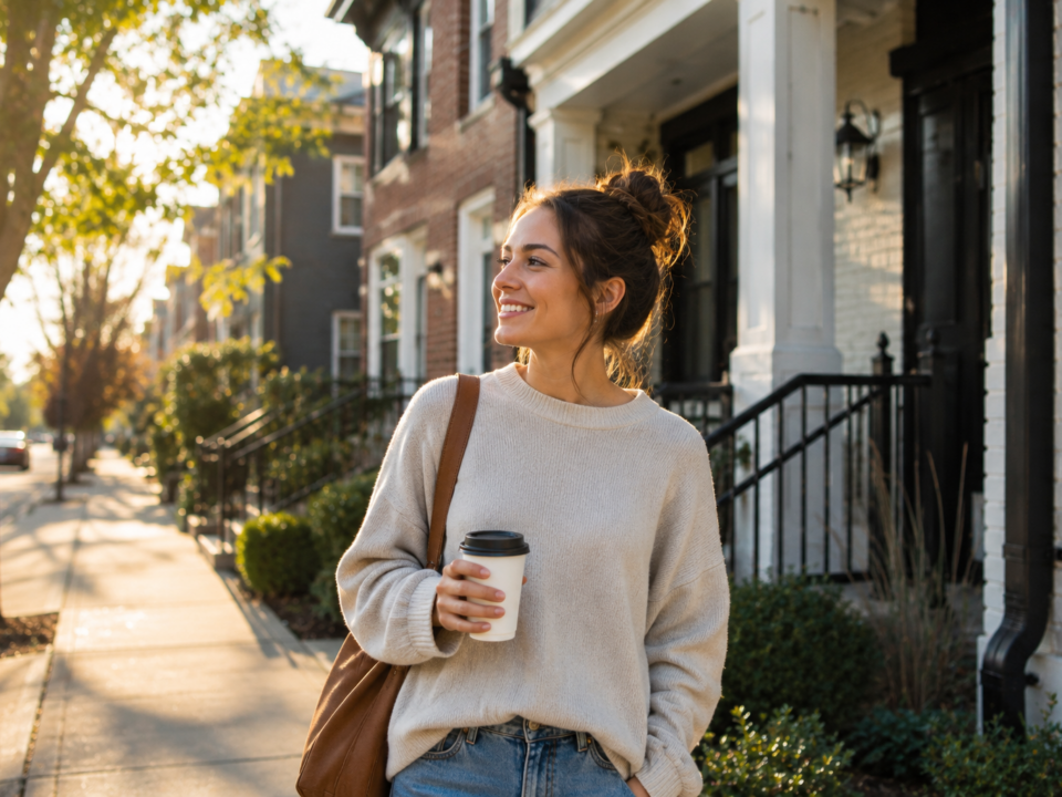 Woman in a cozy sweater holds a coffee cup, smiling as she walks down a sunny, tree-lined residential street with brick houses and greenery.