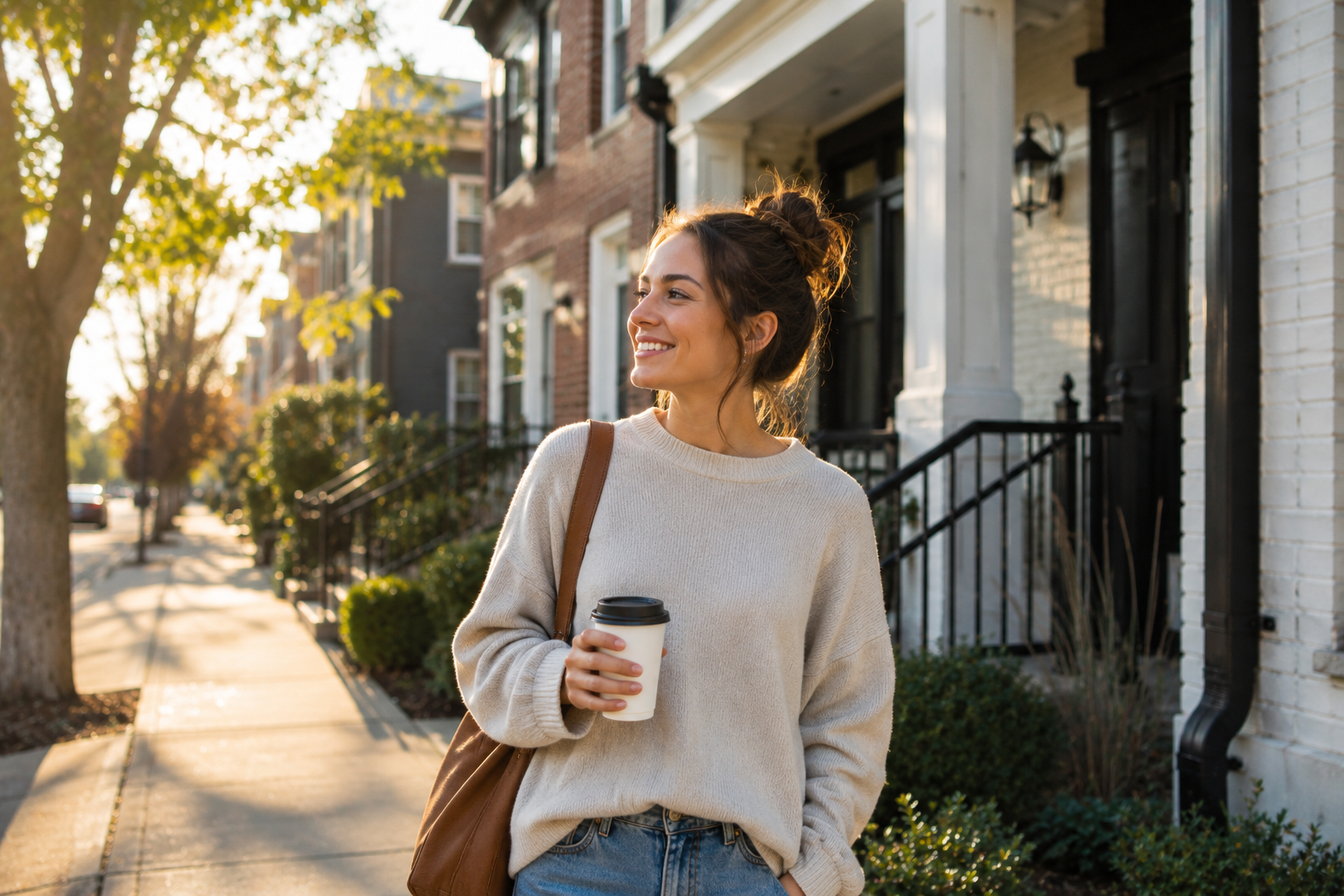 ChatGPT Image Jun 16, 2026, 03_22_34 PM Woman in a cozy sweater holds a coffee cup, smiling as she walks down a sunny, tree-lined residential street with brick houses and greenery.