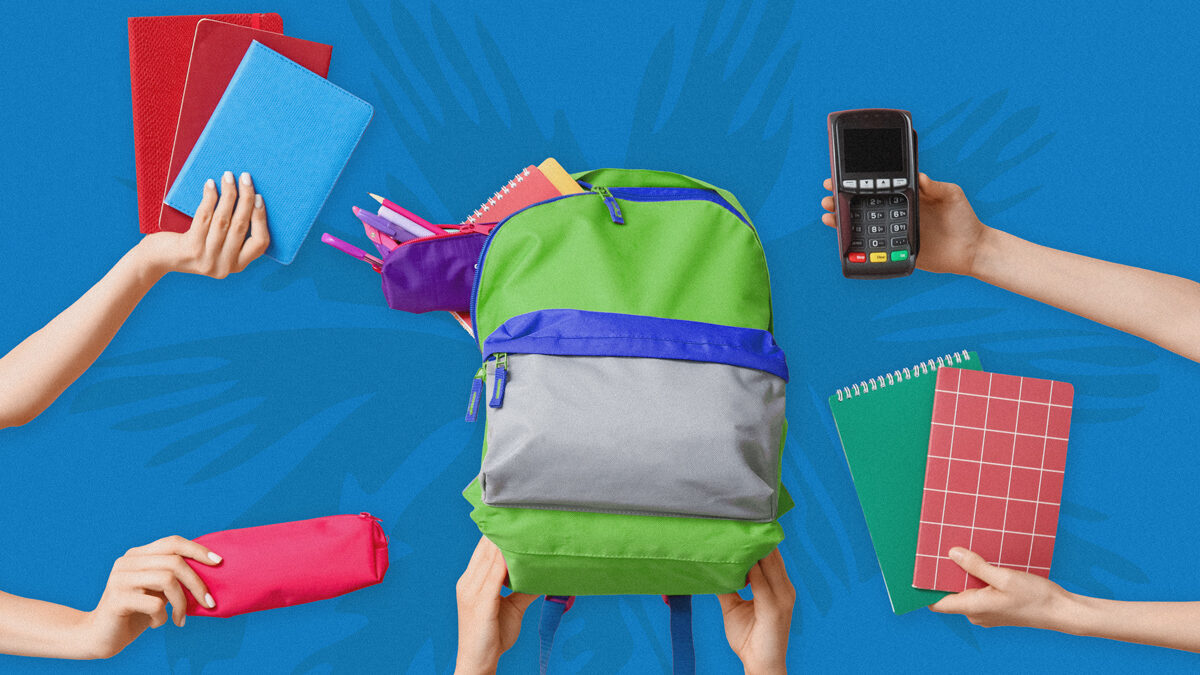 A vibrant image shows hands holding school supplies around a green backpack on a blue background. Items include notebooks, a pencil case, and a payment terminal.