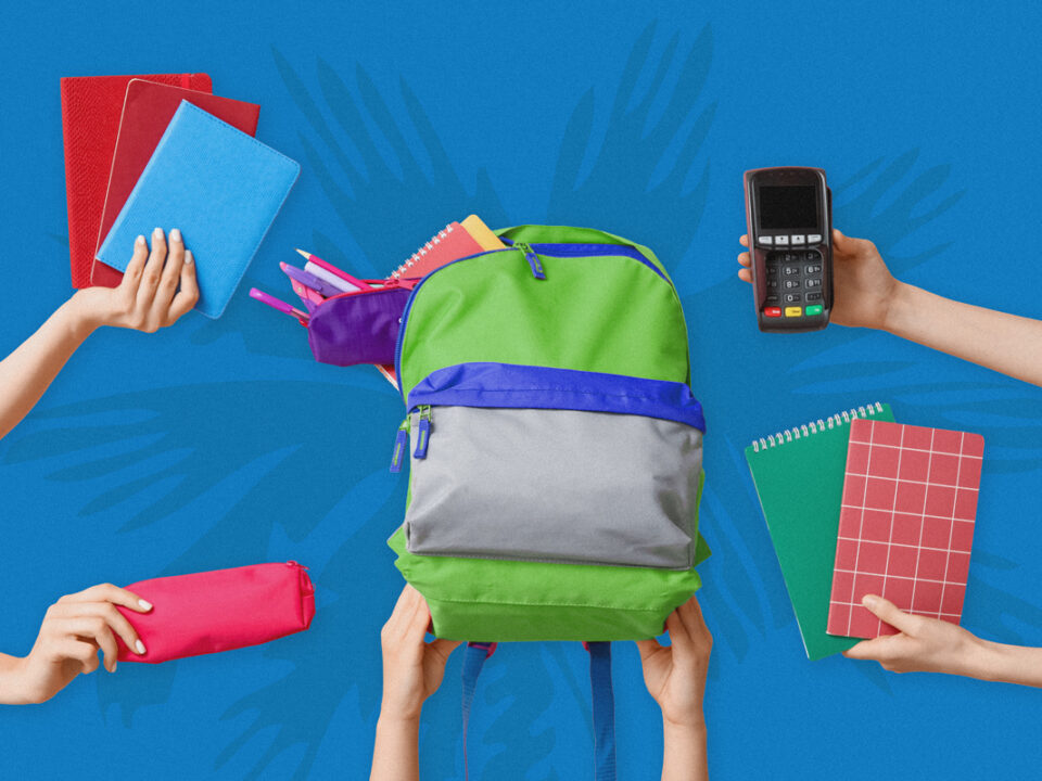 A vibrant image shows hands holding school supplies around a green backpack on a blue background. Items include notebooks, a pencil case, and a payment terminal.