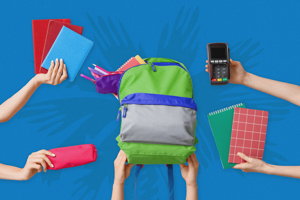 AdobeStock_887188778_Edit A vibrant image shows hands holding school supplies around a green backpack on a blue background. Items include notebooks, a pencil case, and a payment terminal.