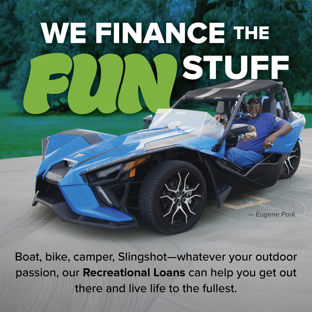 WE FINANCE THE FUN STUFF. Man in a Polaris Slingshot. Eugene Park. Recreational Loans.
